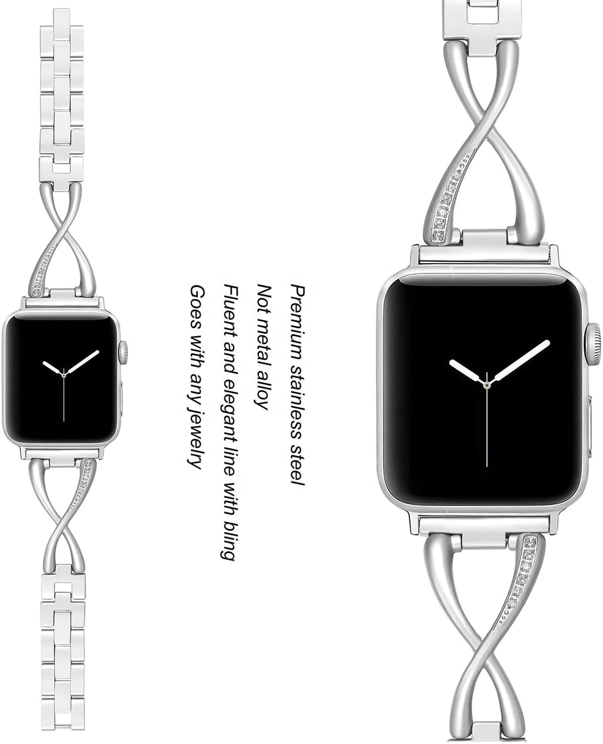 Keepwin Elegent Crystal Diamond Bracelet Women Stainless Steel Watch Band Chain Strap for Apple IWatch 9 8 7 6 5 4 Series