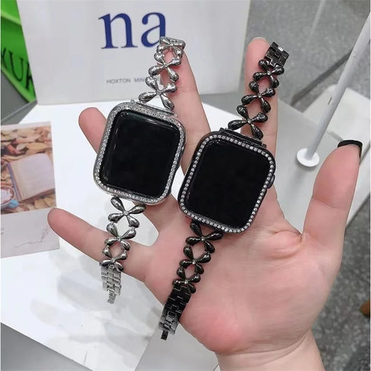 Fashion Shiny Lucky Grass Watch Strap for Iwatch 8 7 6 5 SE 4 Stainless Steel Strap for Apple Watch Band 40mm 41mm 44mm 45mm