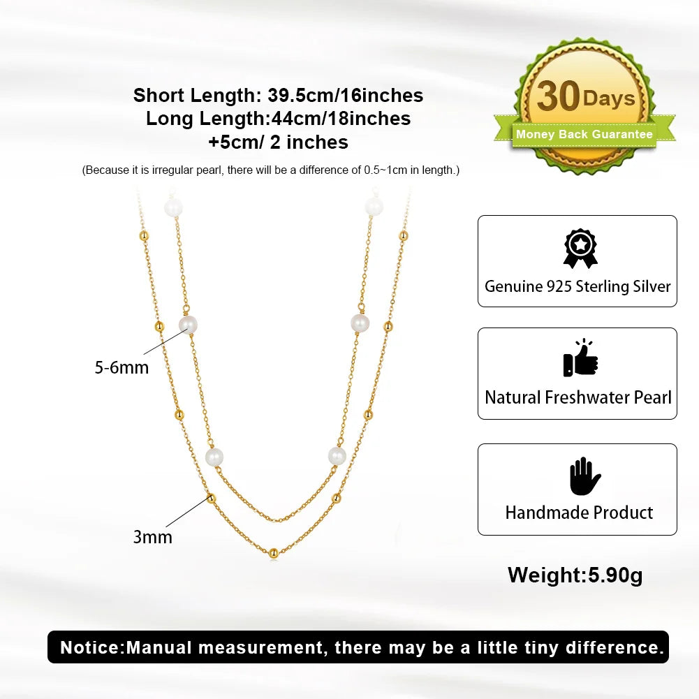 Double Layer Stacked Cultured Freshwater Pearl 14k Gold Plated with Real 925 Sterling Silver Necklace