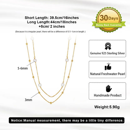Double Layer Stacked Cultured Freshwater Pearl 14k Gold Plated with Real 925 Sterling Silver Necklace
