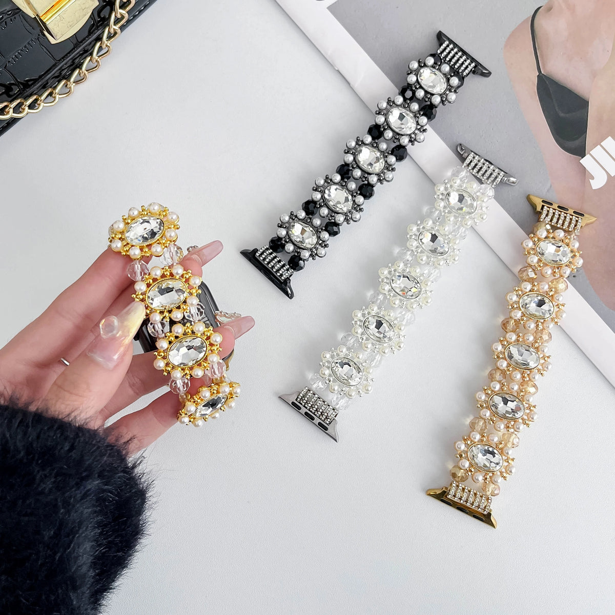 Charms Pearl Glitter Diamond Wrist Bracelet Watch Band for Apple Watch 10 Strap for IWatch Smart Watch 38 42 44 45 mm Watchbands