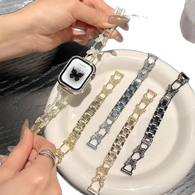 Crystal Butterfly Chain Watch Band for Apple Watch S11 S10 Women Metal Strap Silver Rhinestone