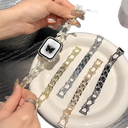 Crystal Butterfly Chain Watch Band for Apple Watch S11 S10 Women Metal Strap Silver Rhinestone