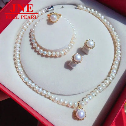 Natural Freshwater Pearl Necklace 7-8 Matching Pearl Earrings & Ring