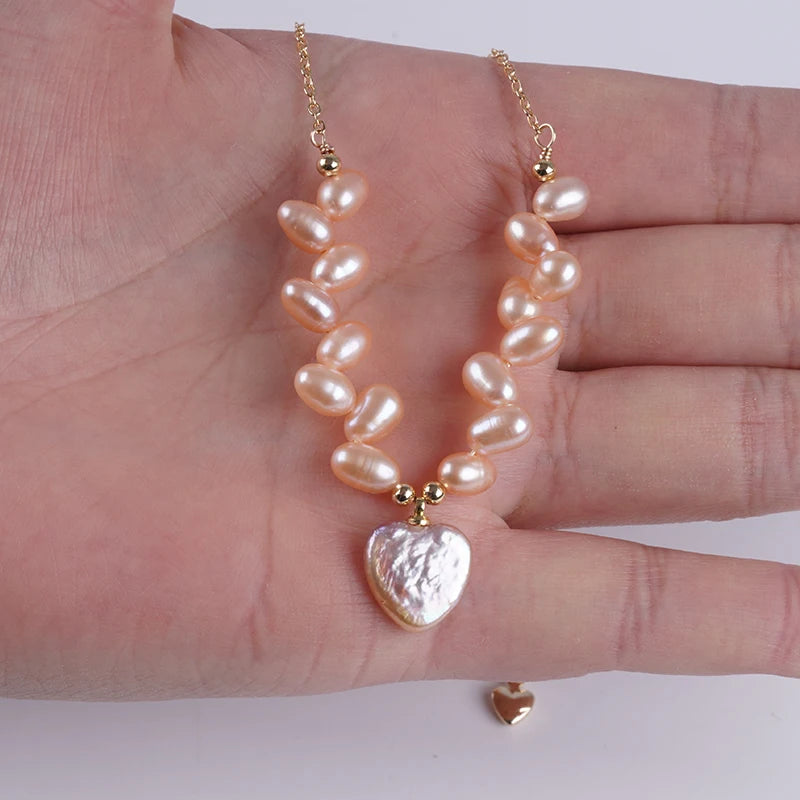 4-5mm Pink Rice Shape With 15-16mm White Baroque Freshwater Pearl Necklace Jewelry