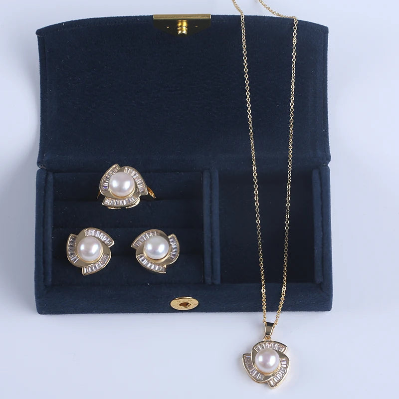 Natural Freshwater Pearl Jewelry Freshwater  Pearl Necklace Ring Earrings Jewelry Sets
