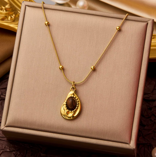 AUR017 - Brown Stone Asymmetrical Pendant Necklace