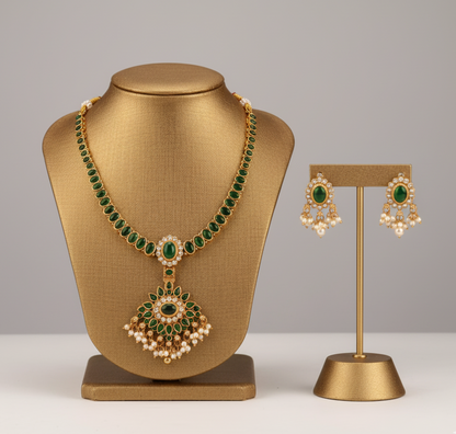 AUR042-Green Stone Traditional Necklace and Earring