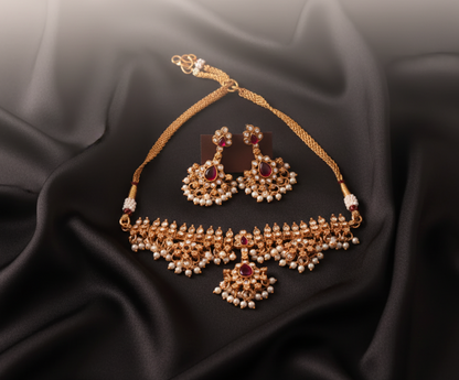 AUR041- Traditional Ruby Stone Choker Set - Necklace and Earring
