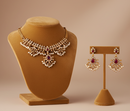 AUR041- Traditional Ruby Stone Choker Set - Necklace and Earring