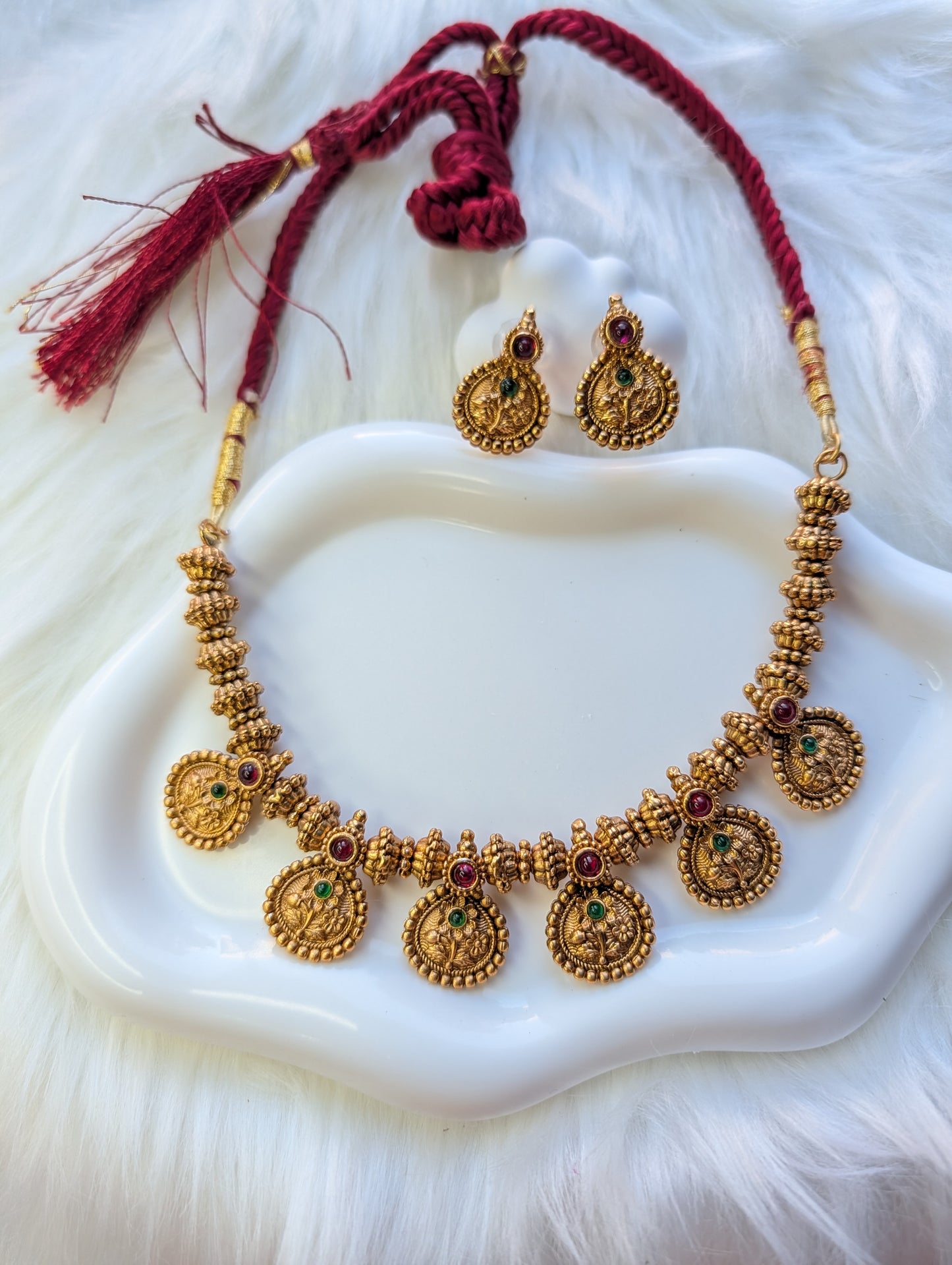 AUR047- Premium Traditional Jewelry Set Ruby Green - Necklace and Earring