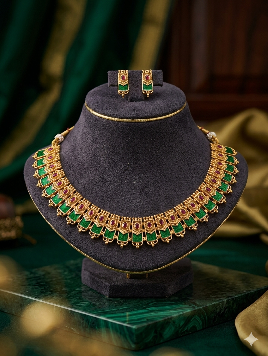 AUR245- Green Choker Necklace and Earrings Set