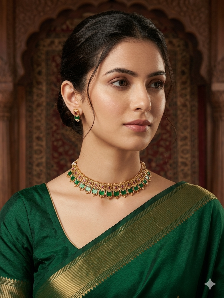 AUR245- Green Choker Necklace and Earrings Set