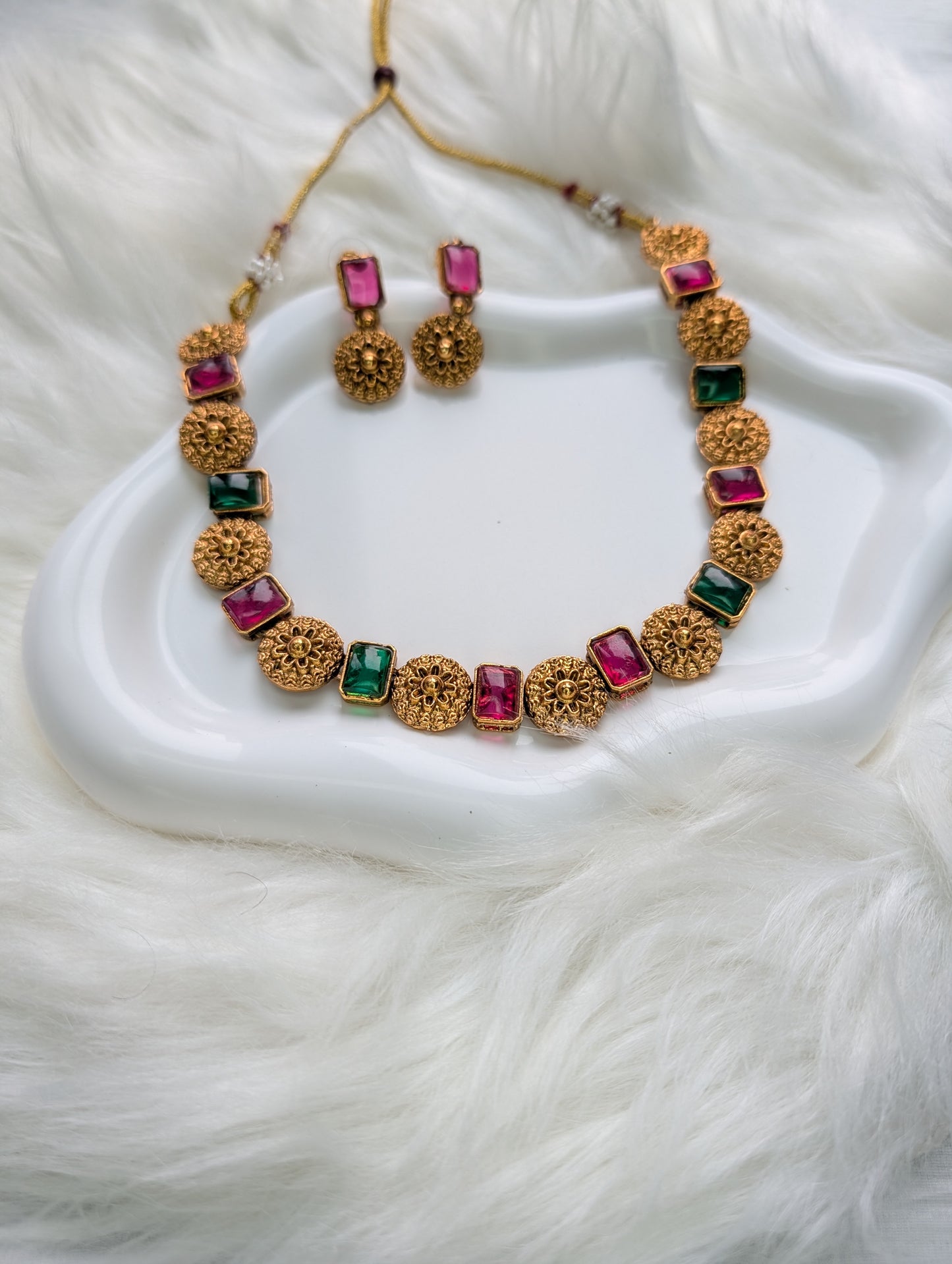 AUR065- Ruby Green Stone- Traditional Jewelry -Necklace and Earring