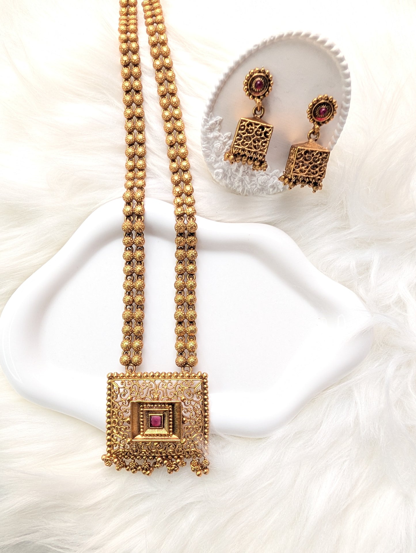 AUR224-  Long Haaram Necklace and Earrings Set