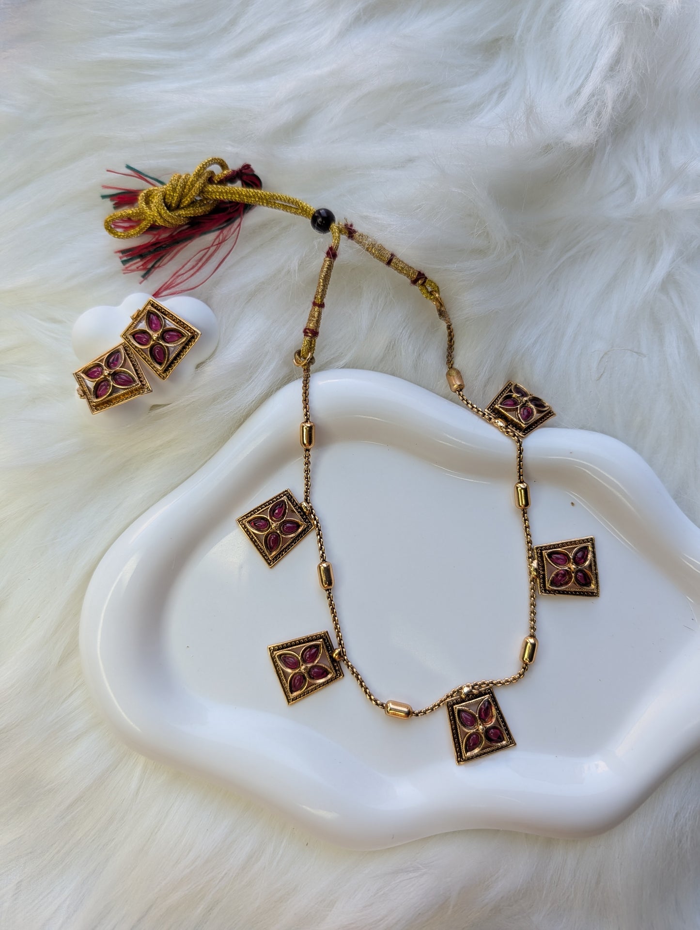 AUR059- Ruby Green Stone Traditional Necklace Necklace and Earring