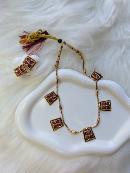 AUR059- Ruby Green Stone Traditional Necklace Necklace and Earring