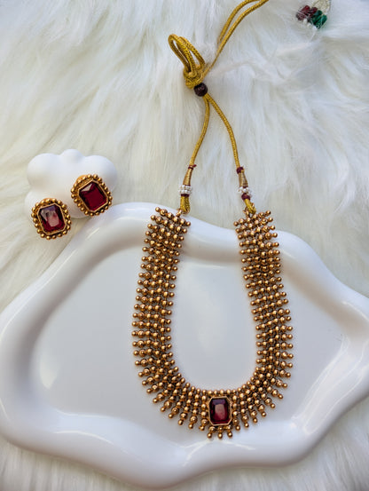 AUR049- Premium Traditional Jewelry Set Ruby  - Necklace and Earring