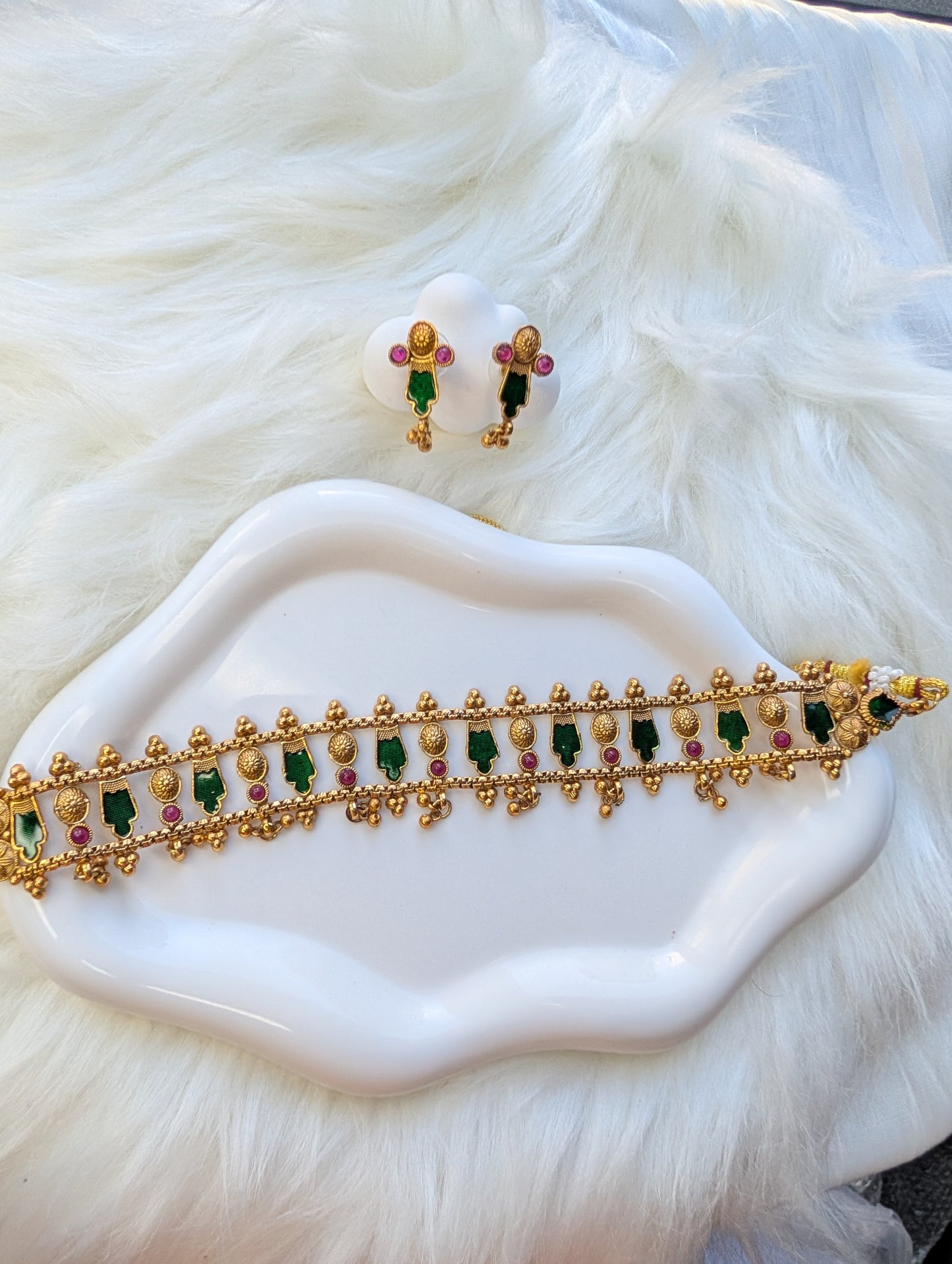 AUR046- Traditional Choker Set Ruby Green - Necklace and Earring