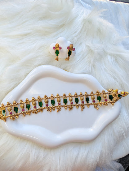 AUR046- Traditional Choker Set Ruby Green - Necklace and Earring