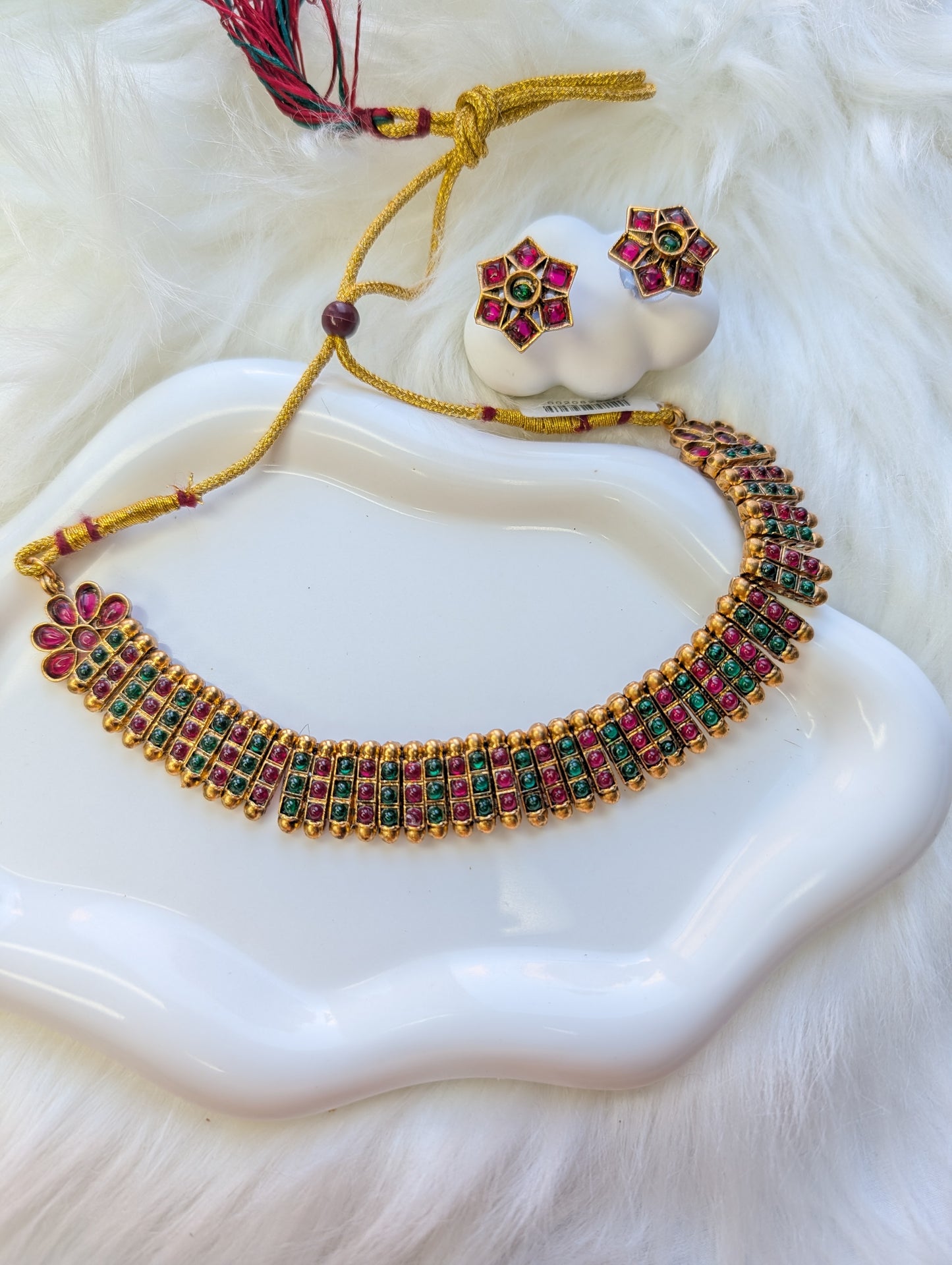 AUR057- Ruby Green Stone Traditional Necklace Necklace and Earring