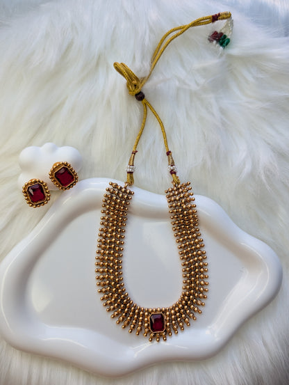 AUR049- Premium Traditional Jewelry Set Ruby  - Necklace and Earring
