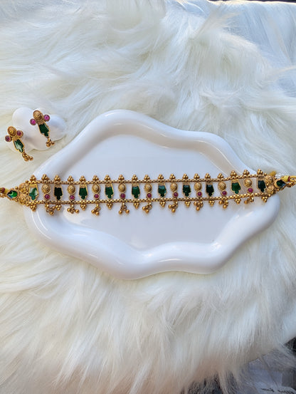 AUR046- Traditional Choker Set Ruby Green - Necklace and Earring