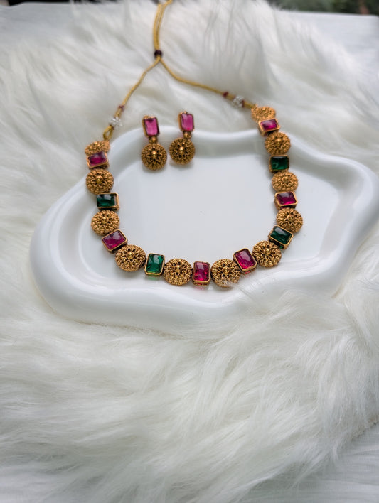 AUR065- Ruby Green Stone- Traditional Jewelry -Necklace and Earring