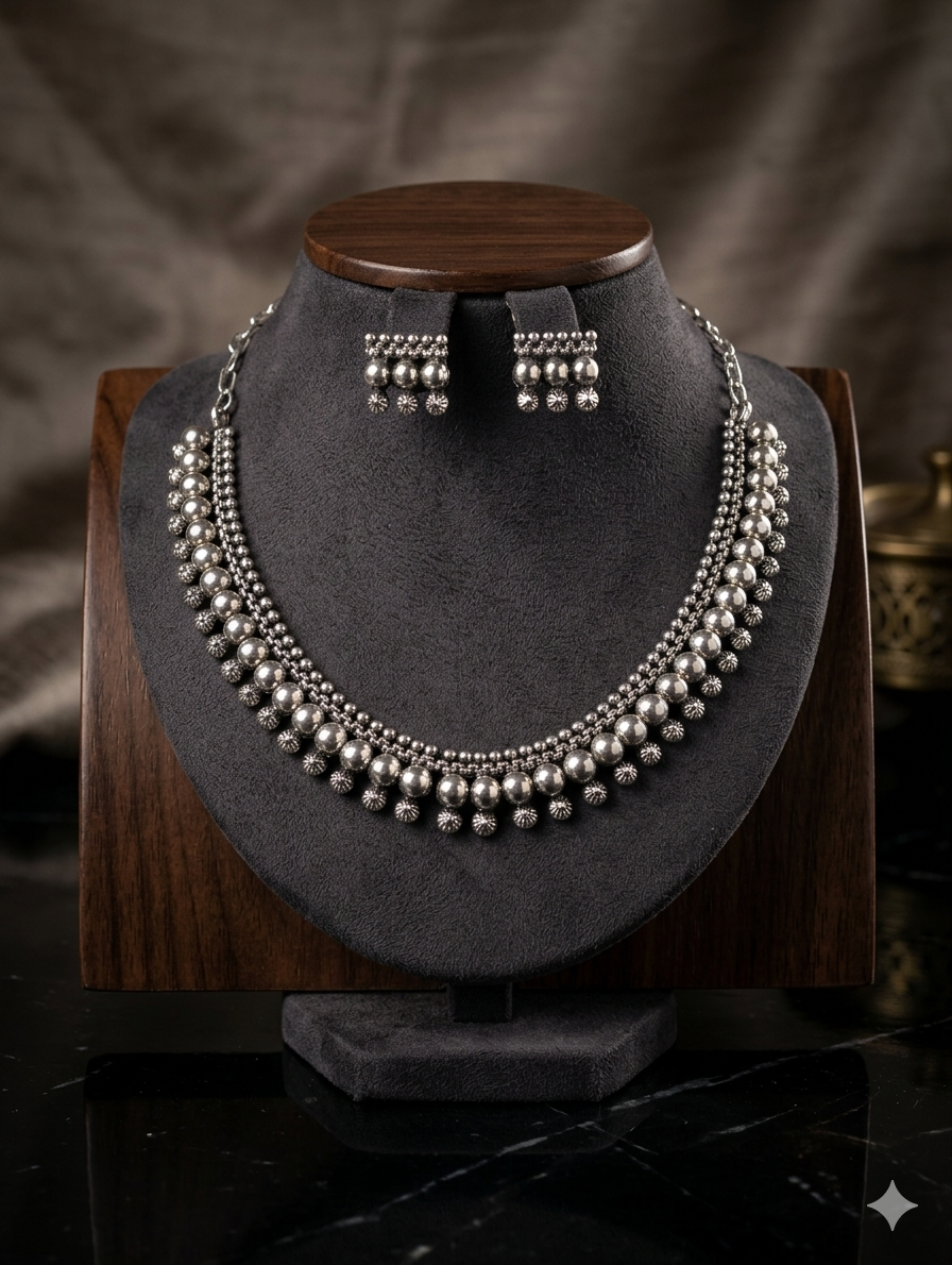 AUR240- Silver Beads Necklace and Earrings Set