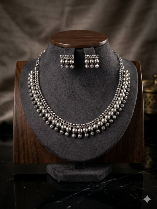 AUR240- Silver Beads Necklace and Earrings Set