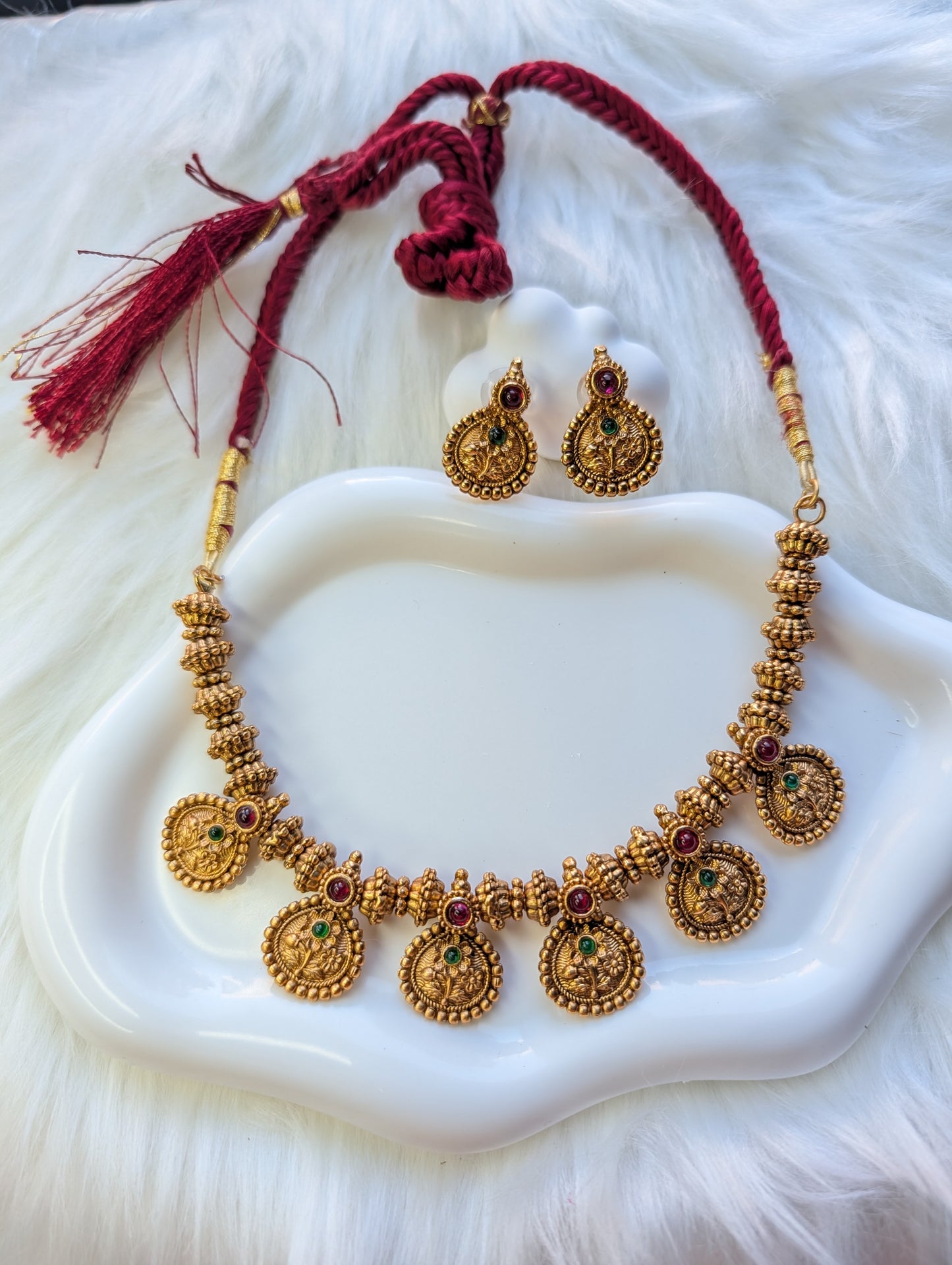 AUR047- Premium Traditional Jewelry Set Ruby Green - Necklace and Earring